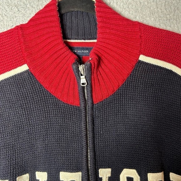 Tommy Hilfiger Sweater Mens‎ Large Blue Red Embroidered Spell Out Full Zip VTG - Picture 5 of 13